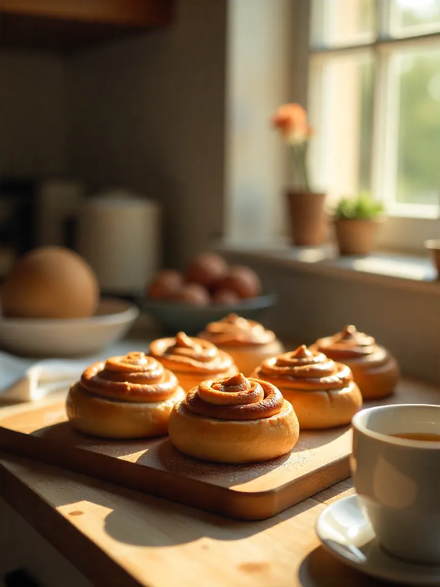 Fresh cinnamon rolls with glaze in a cozy kitchen setting.