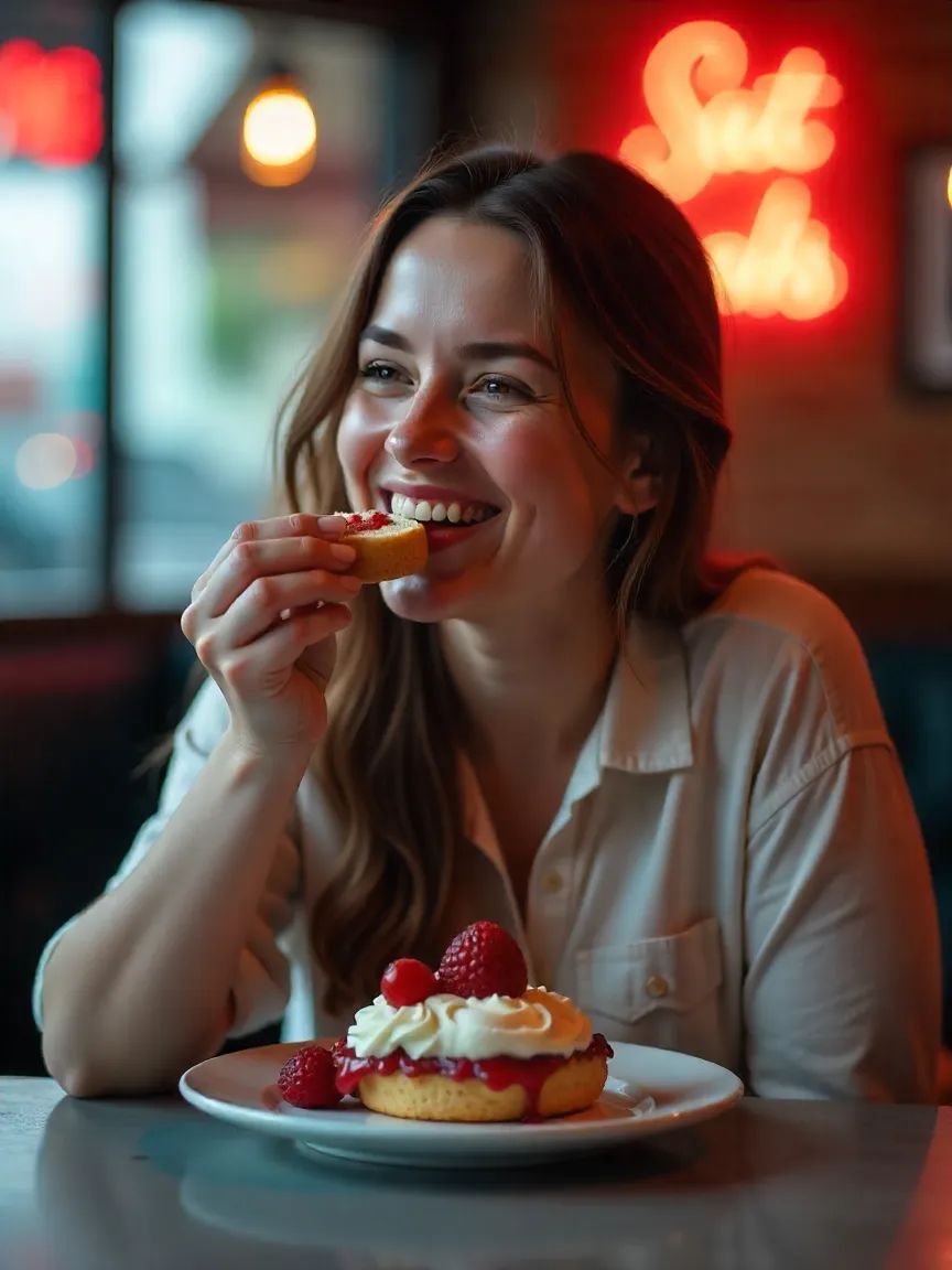 Person enjoying a classic dessert, smiling with delight.