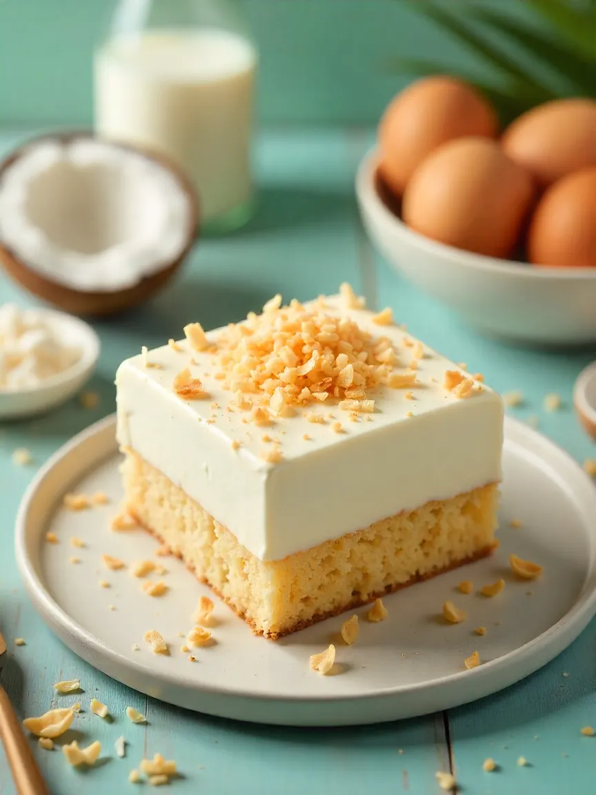 Coconut mini cake with toasted coconut on top, surrounded by ingredients like coconut milk, shredded coconut, and eggs.
