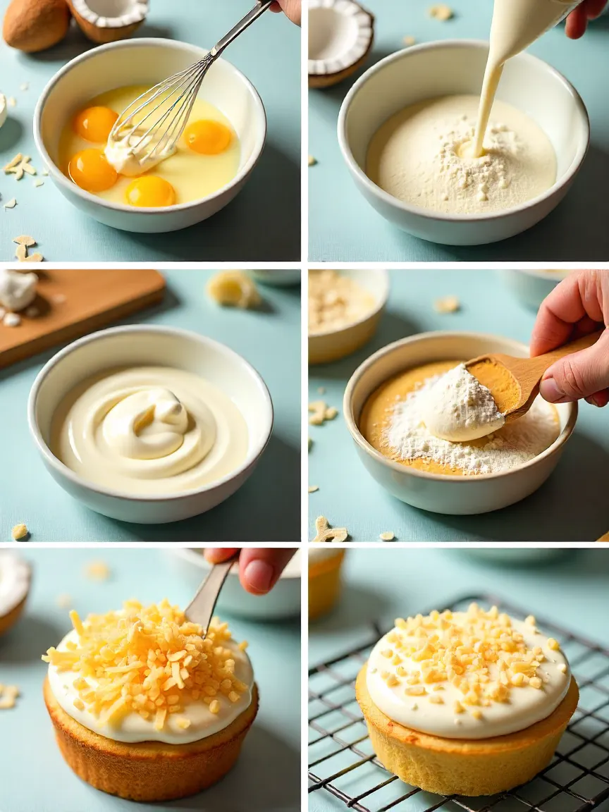 Step-by-step baking a coconut bento cake with coconut pieces and mini pan on a sunny kitchen counter.