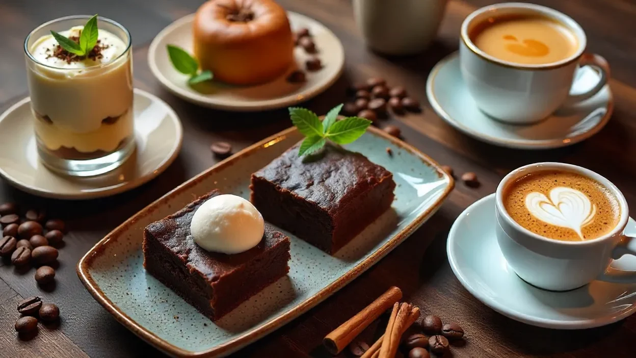 Assortment of colorful coffee desserts with espresso and coffee beans on wooden table.