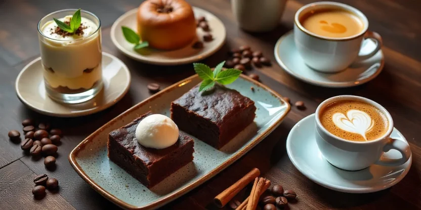 Assortment of colorful coffee desserts with espresso and coffee beans on wooden table.