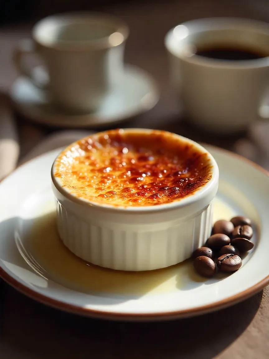Cracked caramelized sugar top on coffee crème brûlée with espresso cup and coffee beans nearby.