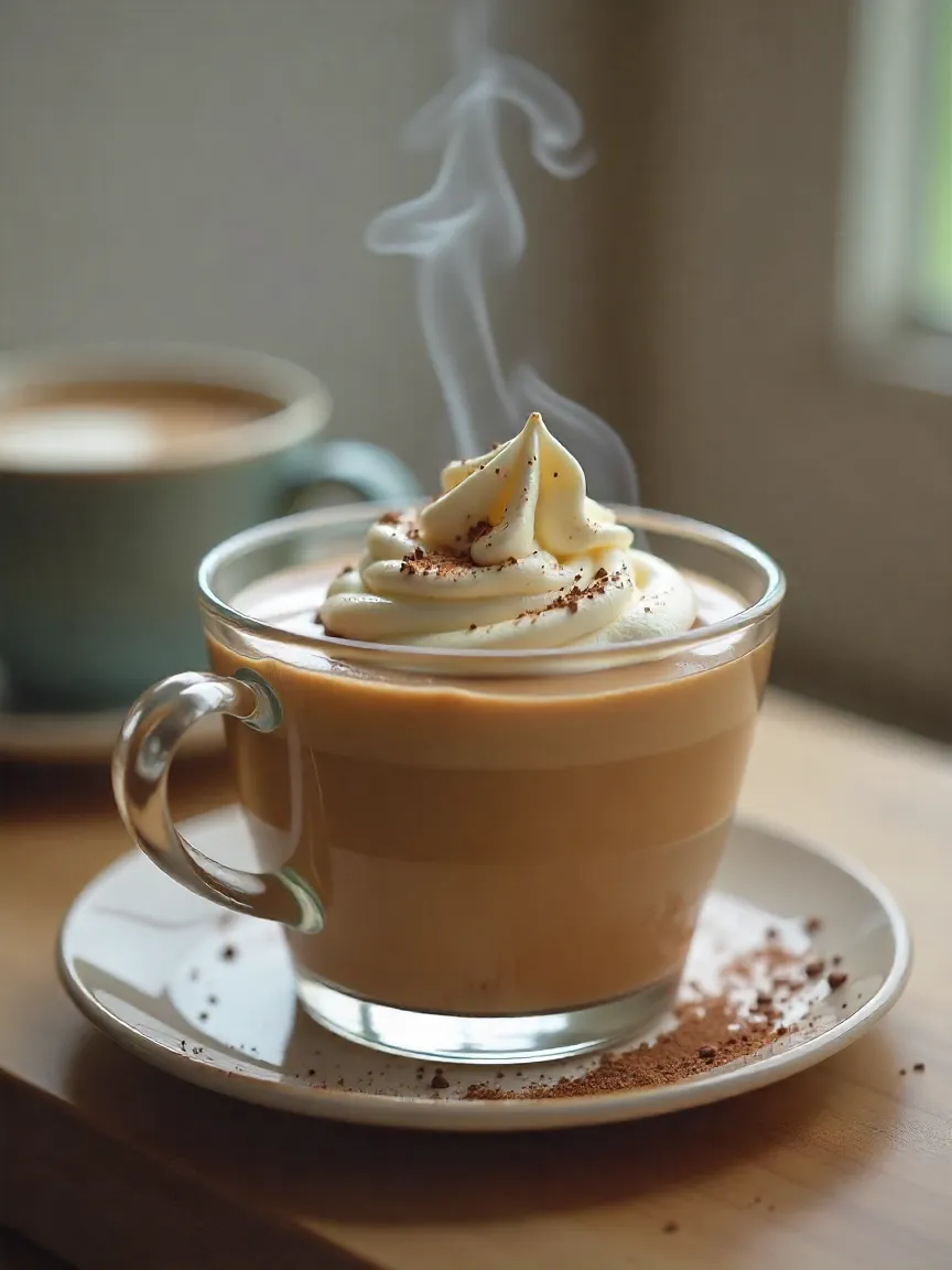 Cup of creamy coffee pudding topped with whipped cream and chocolate shavings, warm and inviting dessert in a glass bowl.