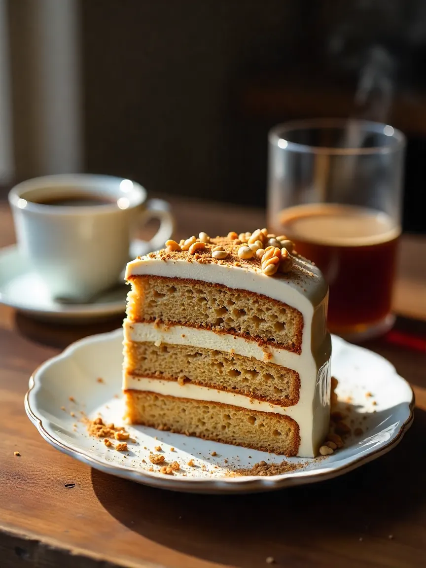 Slice of coffee and walnut cake with creamy buttercream, topped with chopped walnuts, served with a cup of coffee on a wooden table.