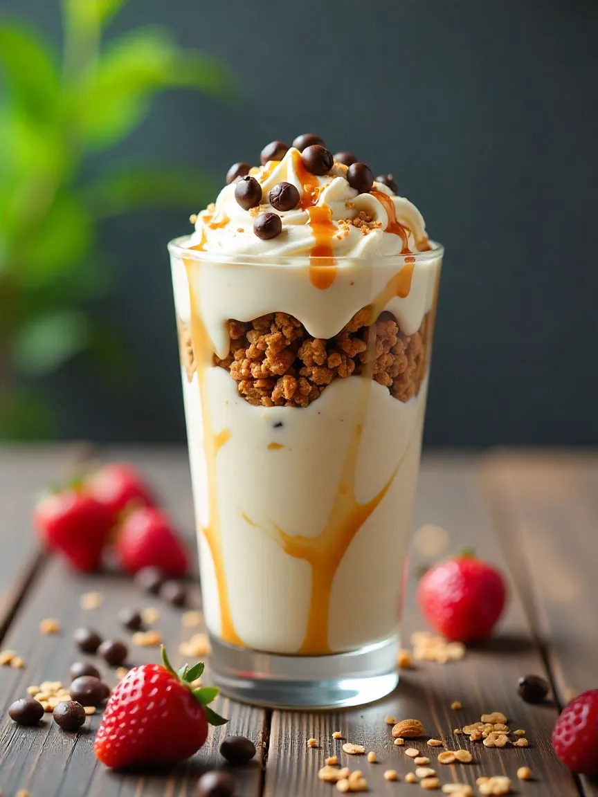 Cold brew coffee parfait layered with yogurt, crushed cookies, whipped cream, caramel drizzle, and chocolate espresso beans in a glass.