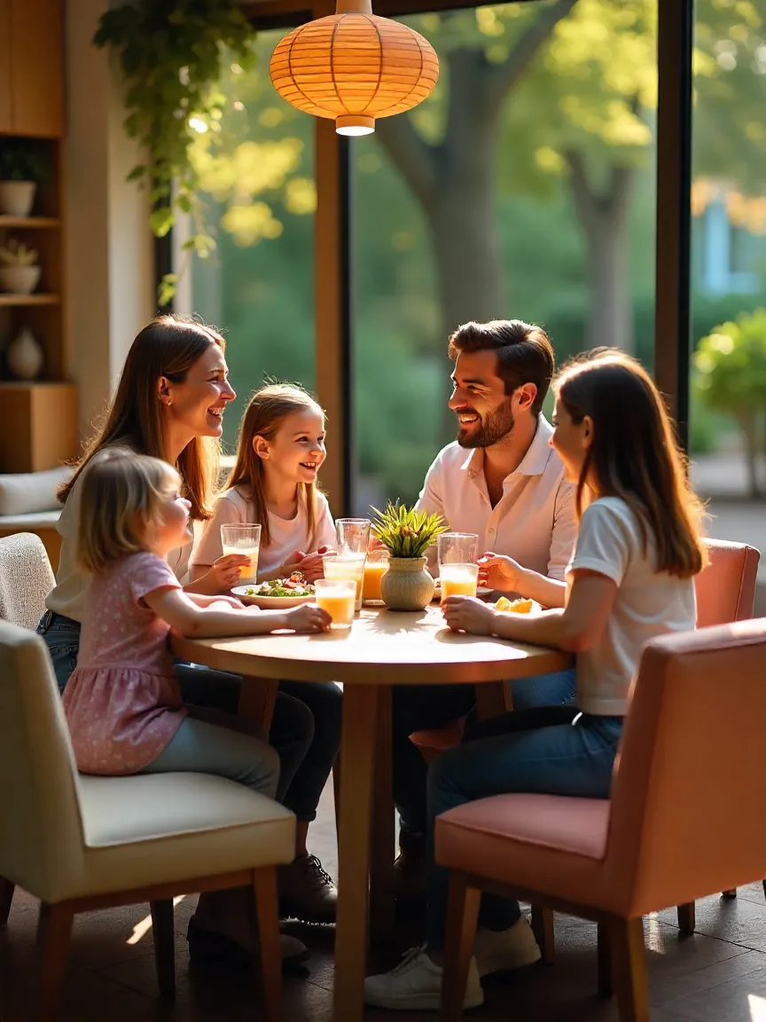Family dining collage showing comfortable seating and joyful conversation.