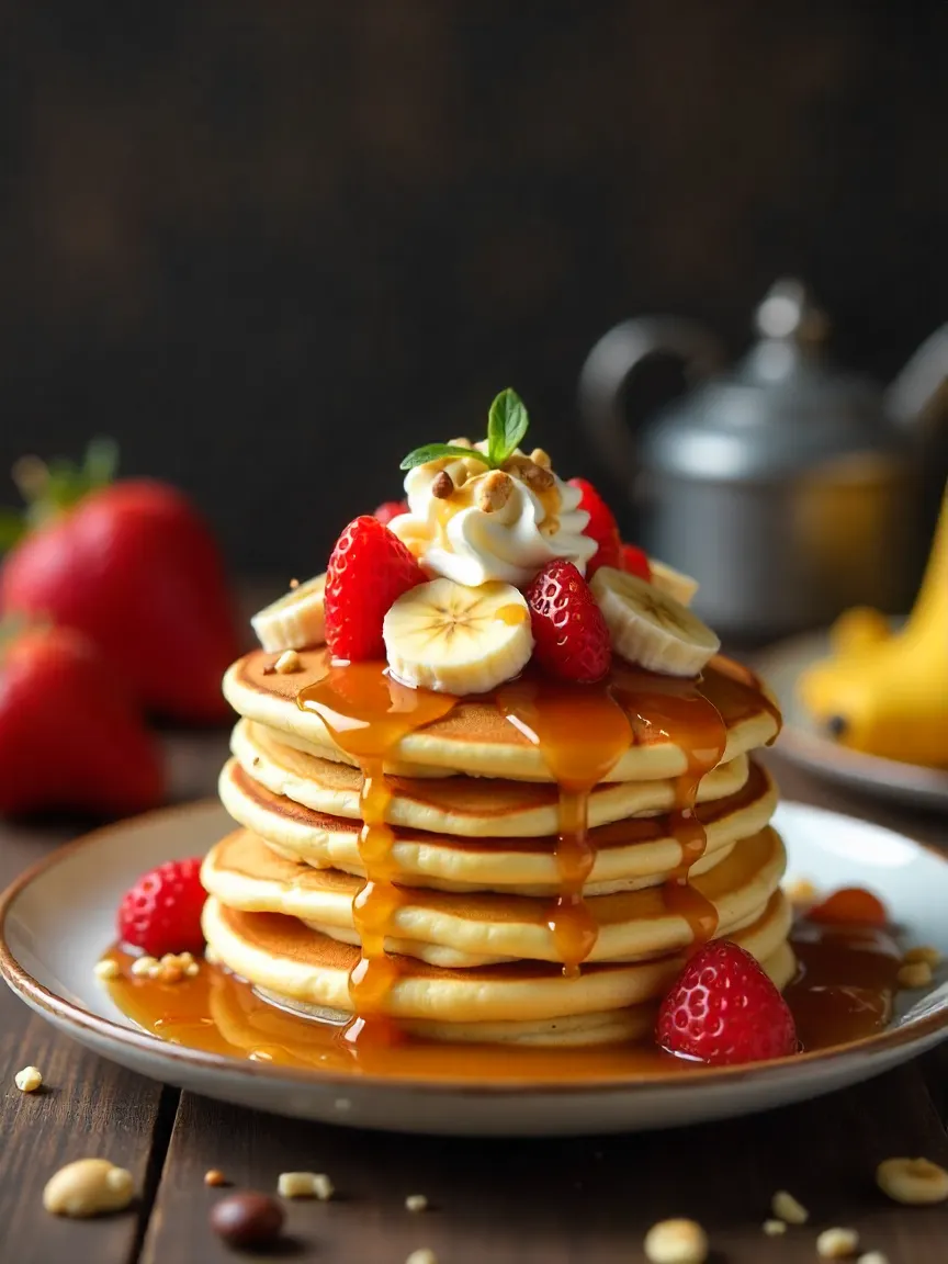 Collage of classic pancakes with strawberries, bananas, whipped cream, nuts, and syrup.