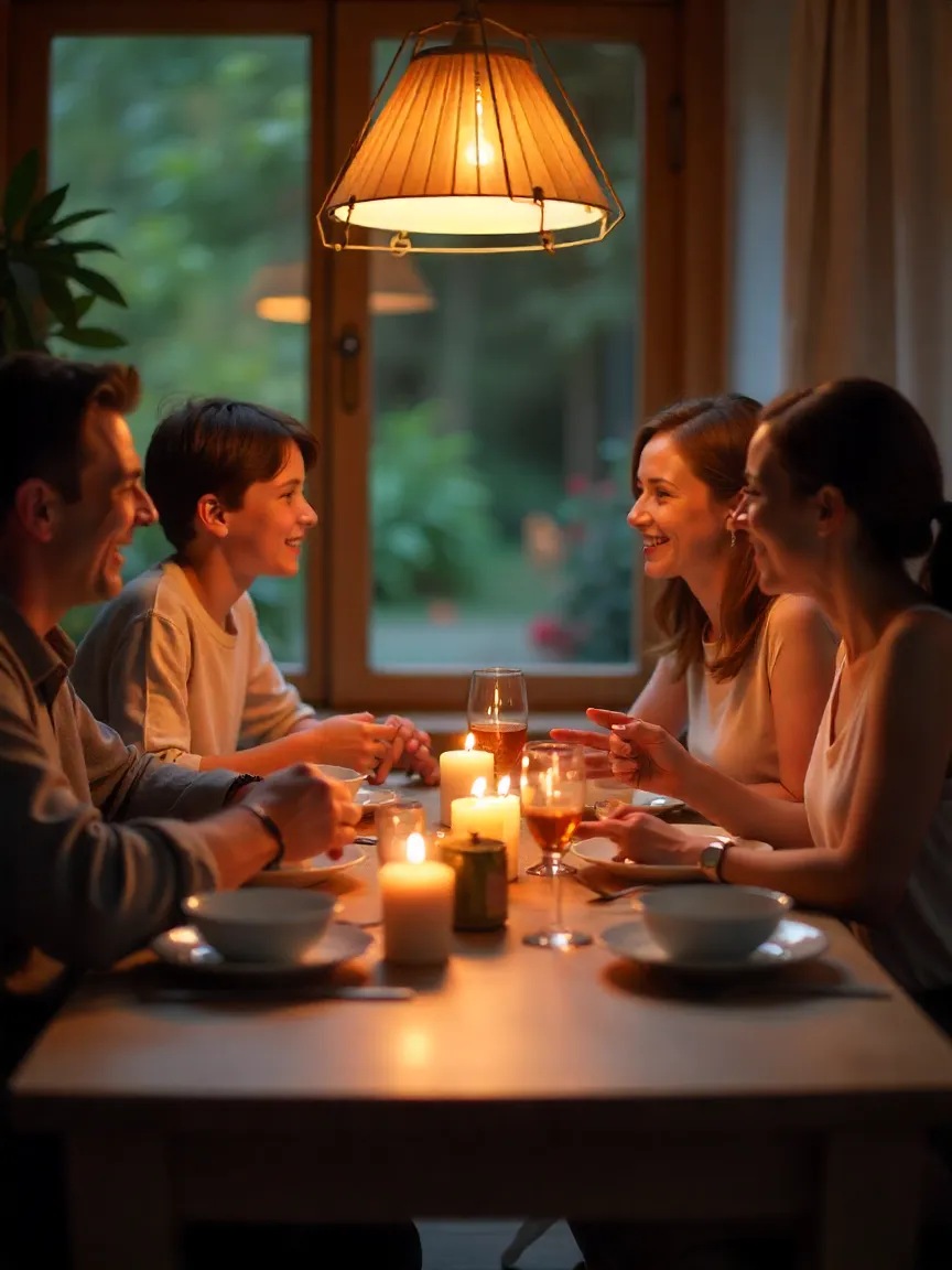 Family enjoying meaningful conversation together at the dinner table.