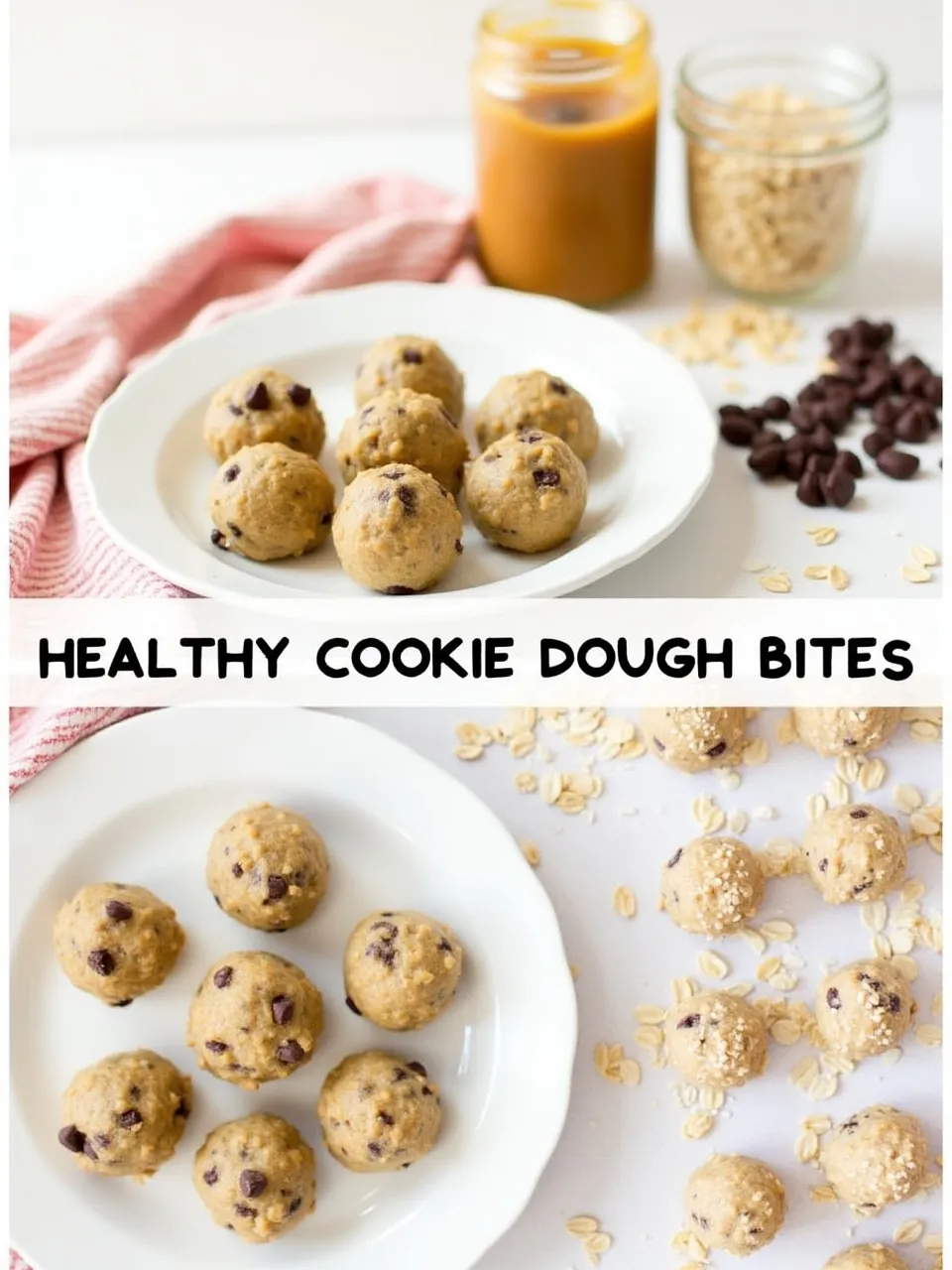 Bite-sized healthy cookie dough balls with chocolate chips, peanut butter, and oats.