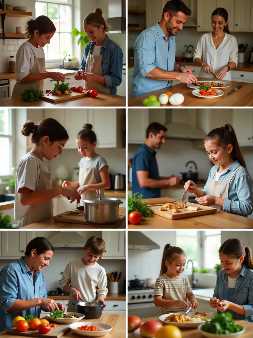 Collage of family traditions: pizza night, international meals, birthdays, and holidays.