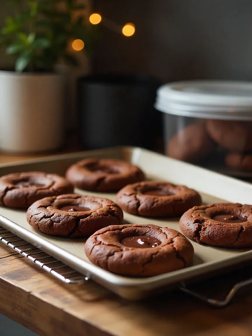 Brownie cookies cooling on tray with wire rack and storage containers for keeping them fresh.