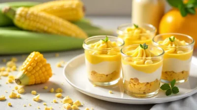 Top view of colorful corn tiramisu dessert in glass jars with fresh corn and summer table setting.