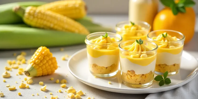 Top view of colorful corn tiramisu dessert in glass jars with fresh corn and summer table setting.
