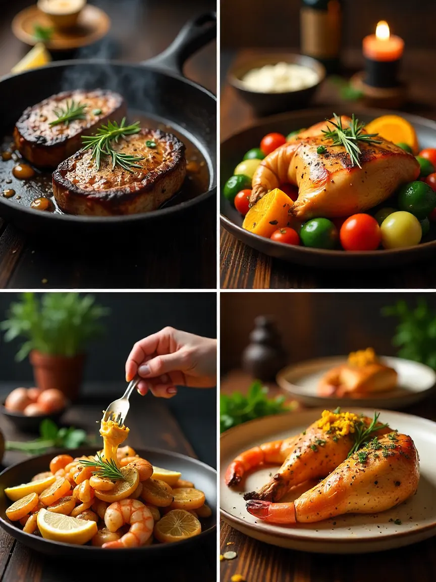 Romantic date night main dishes in a cast iron skillet: steak, chicken with vegetables, and shrimp with herbs and lemon.