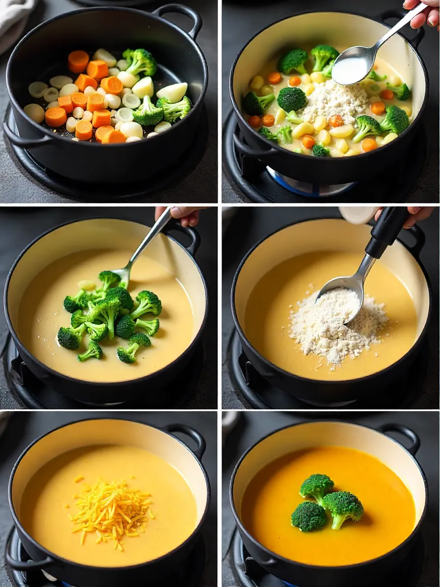 Collage showing step-by-step cooking of broccoli cheddar soup: sautéing vegetables, adding milk and broth, and final creamy soup with broccoli.