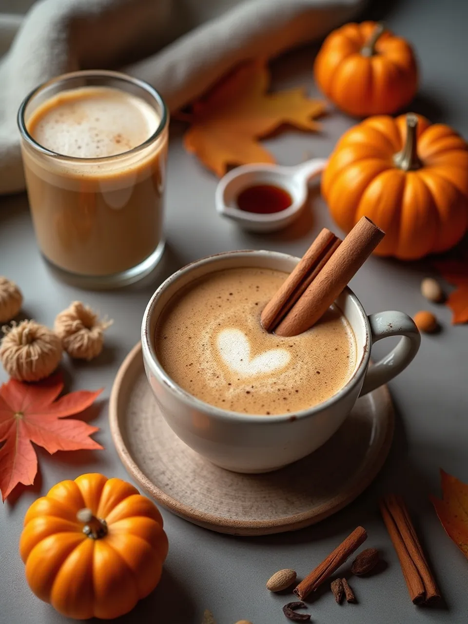 Autumn collage of maple cinnamon latte and chai latte with spices, pumpkins, and fall leaves.