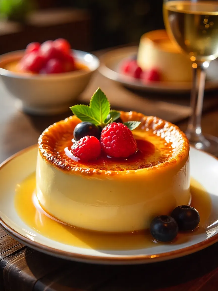 Collage of Crème Brûlée desserts with caramelized tops, vanilla, berries, and elegant plating.