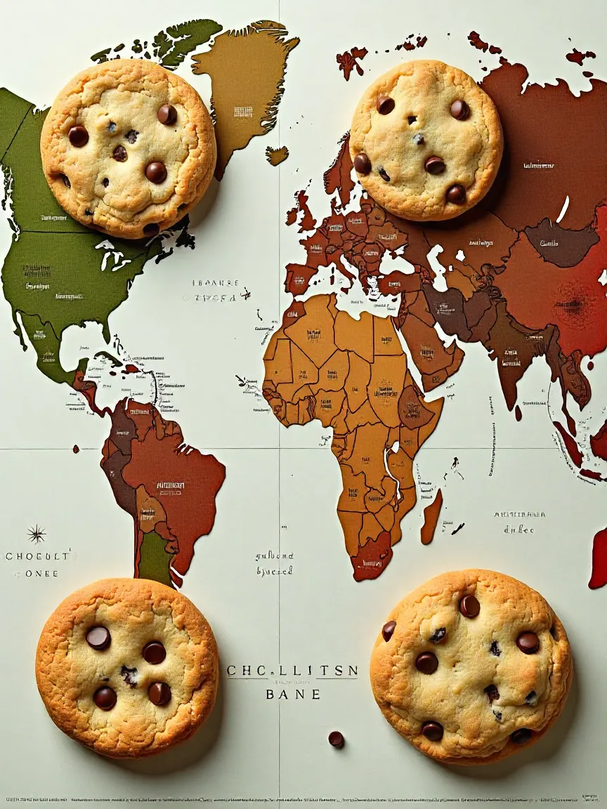 Chocolate chip cookies from different countries: matcha cookies, coffee-paired European cookies, spiced Middle Eastern cookies, macadamia Australian cookies, and dulce de leche Latin American cookies on a world map.
