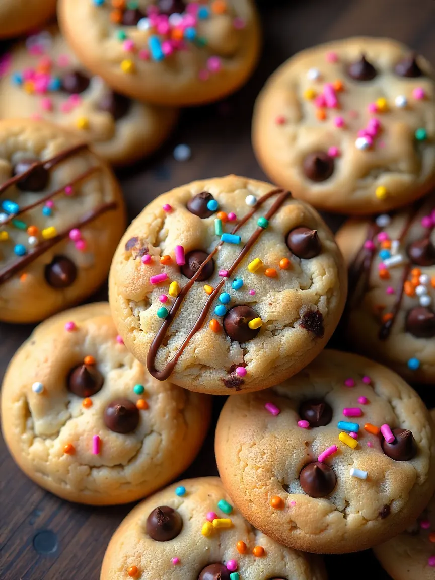 Decorated chocolate chip cookies with chocolate drizzle, sprinkles, nuts, and coconut, shown in various serving styles including stacked on a cake stand, with milk, coffee, and as ice cream sandwiches.