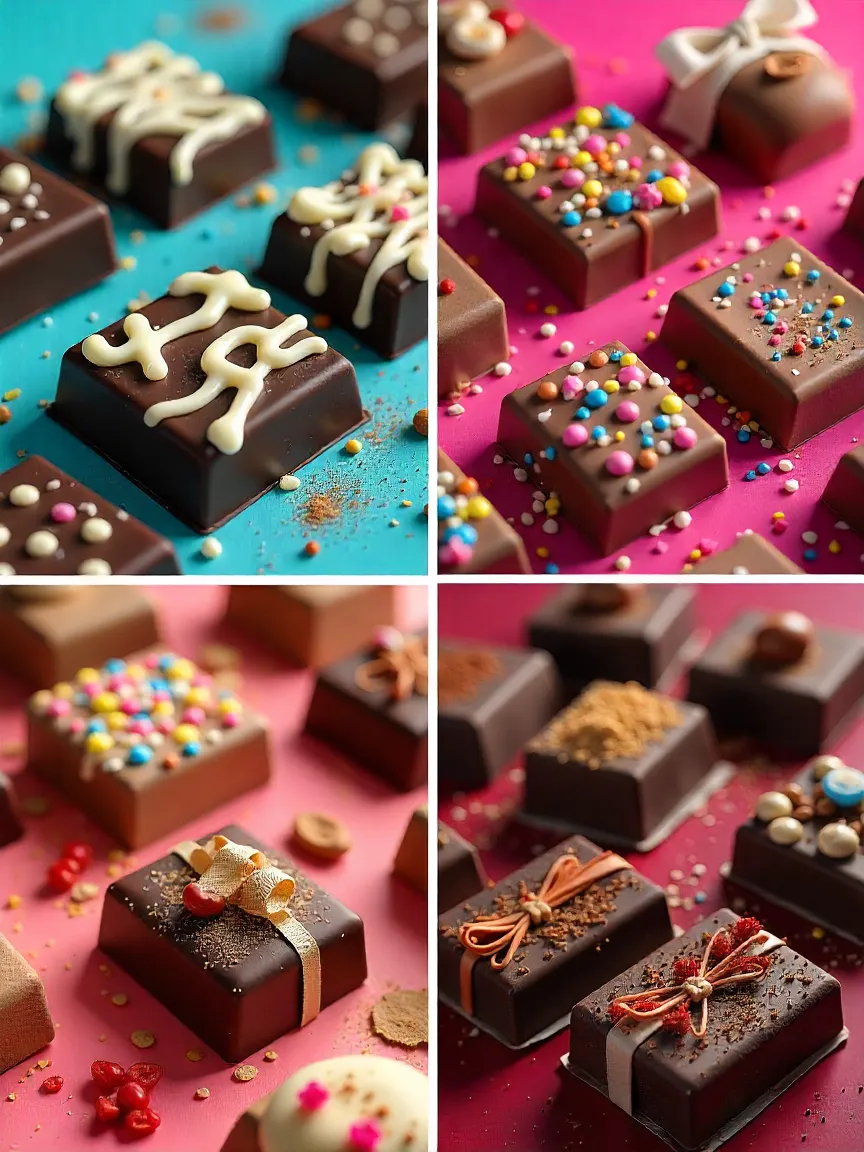 Decorated homemade chocolates with drizzles, nuts, fruits, spices, and gift-ready packaging.