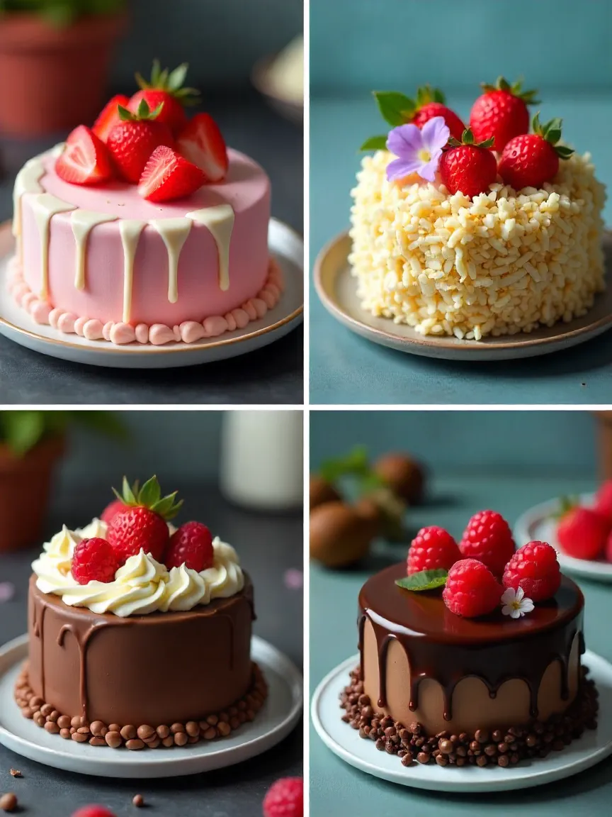 Decorating small bento cakes: strawberry, coconut, and chocolate designs.