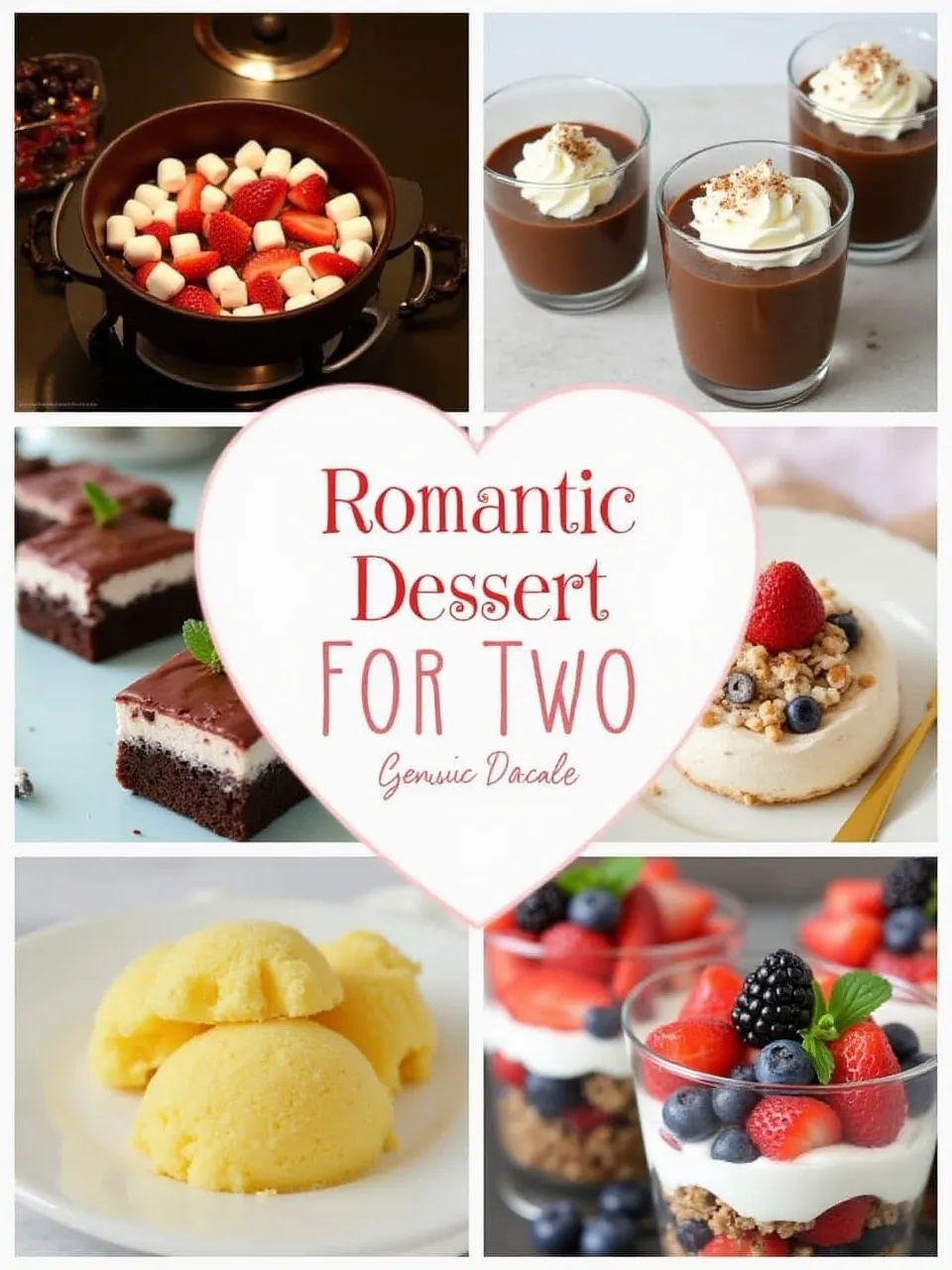 Variety of romantic desserts for two, including chocolate treats and fresh fruit options.