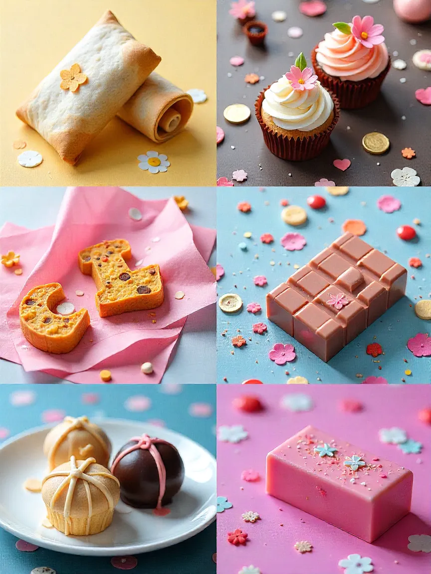 Collage of different edible papers: rice, wafer, sugar sheets, chocolate transfers, and thin edible films with examples and uses.