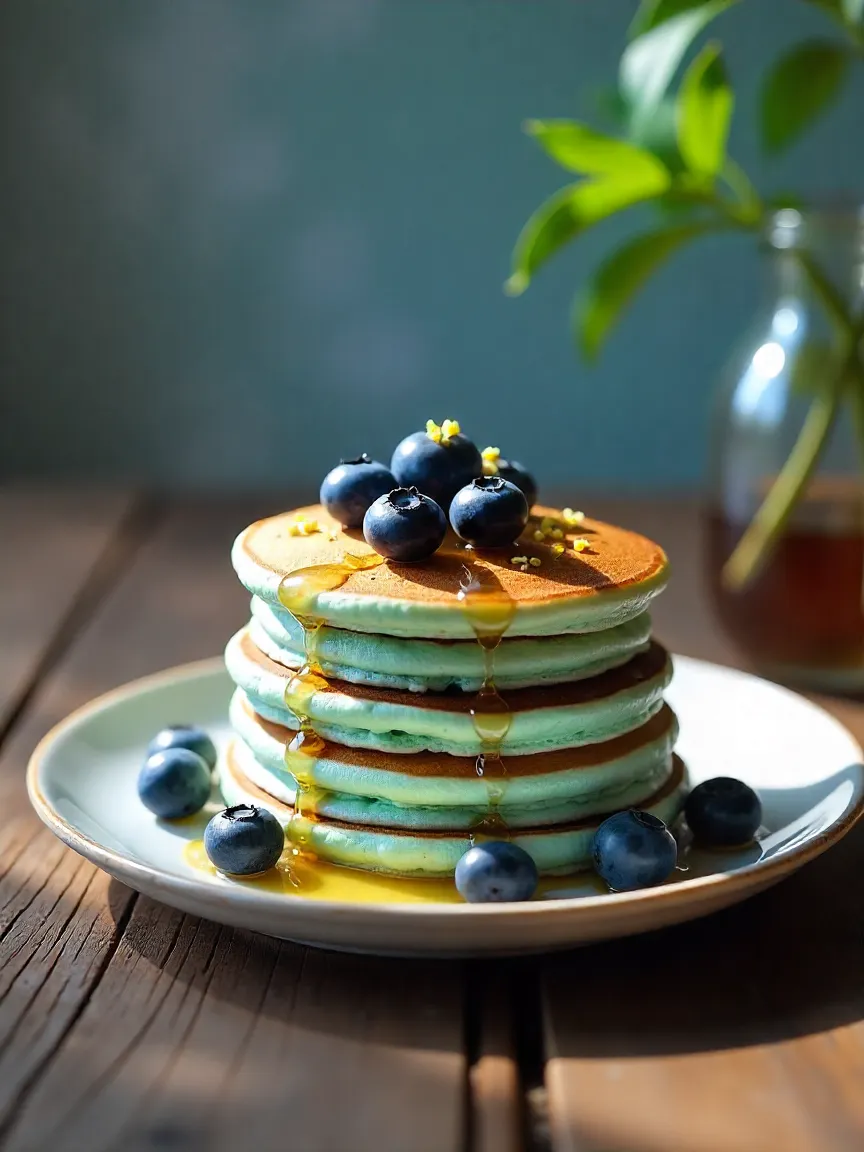 Blueberry pancakes with a purple hue, topped with berries, lemon zest, and glossy compote.