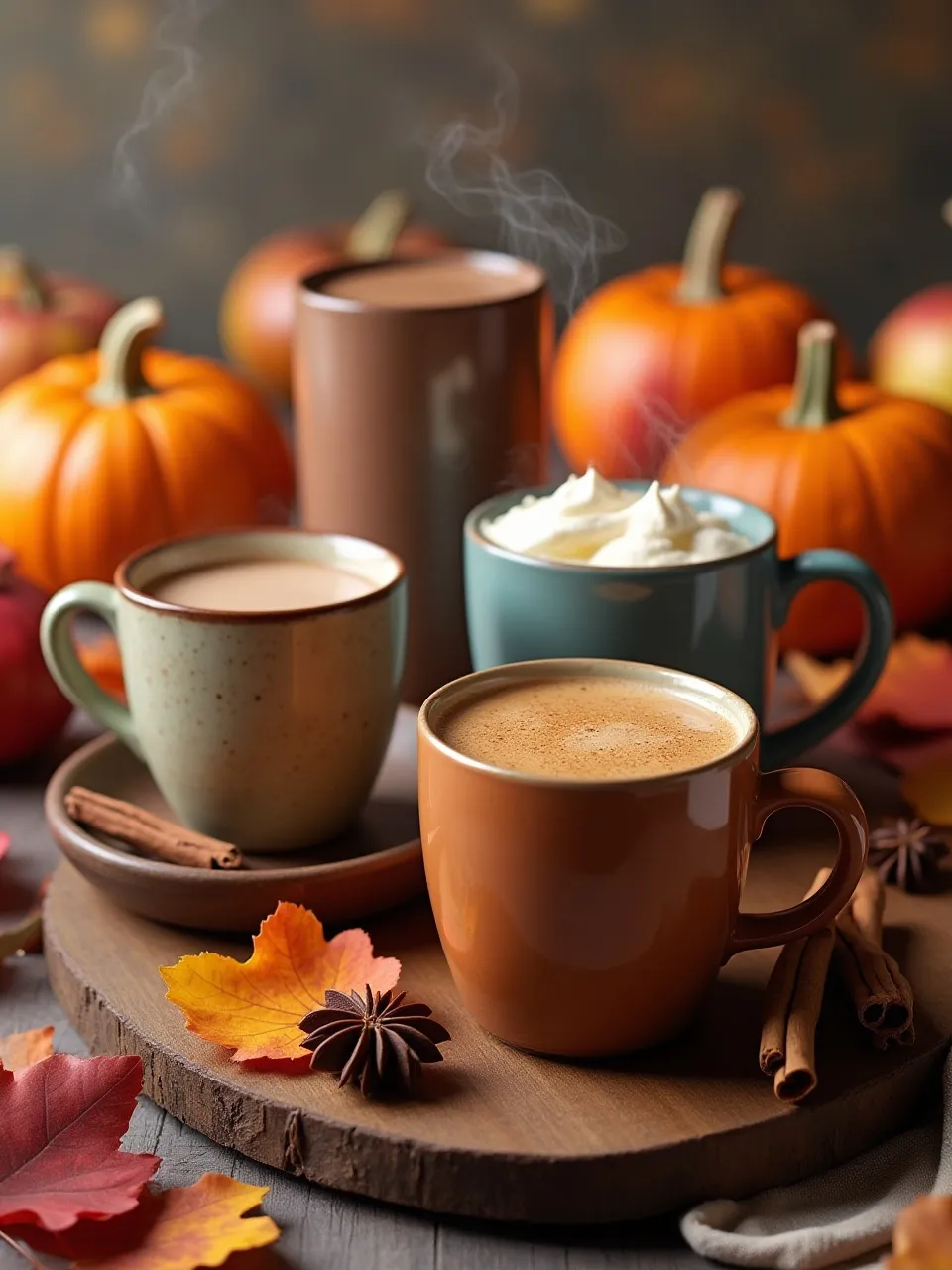 Steaming autumn drinks on a rustic table with leaves, spices, and a candle by a rainy window.
