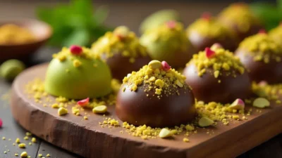 Assortment of glossy pistachio chocolates decorated with nuts and rose petals on a wooden board.
