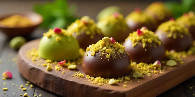 Assortment of glossy pistachio chocolates decorated with nuts and rose petals on a wooden board.