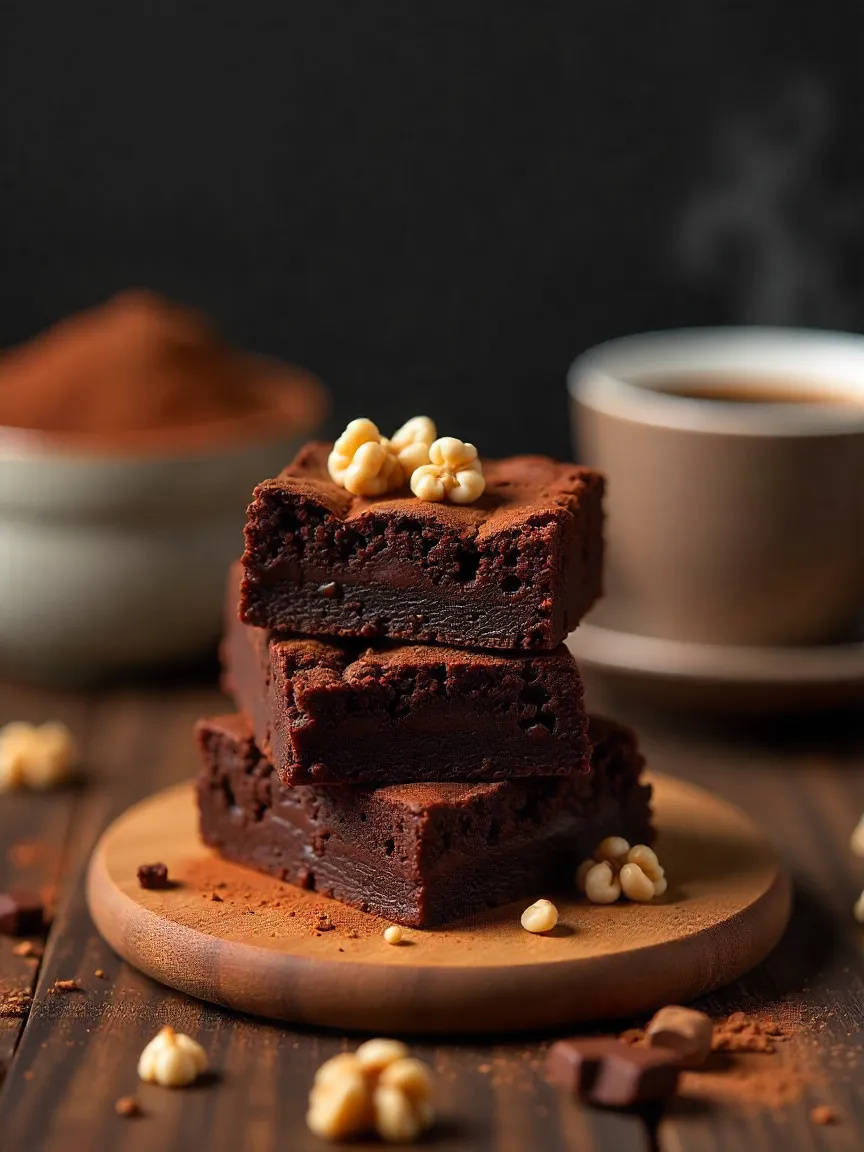 Stack of fudgy espresso brownies with walnuts next to a cup of coffee, showcasing a rich chocolate and coffee dessert.