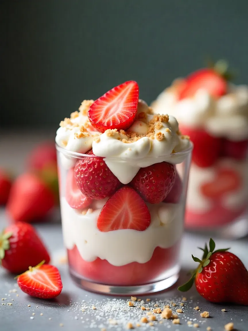 Eton Mess dessert with meringue, whipped cream, and strawberries in a glass.