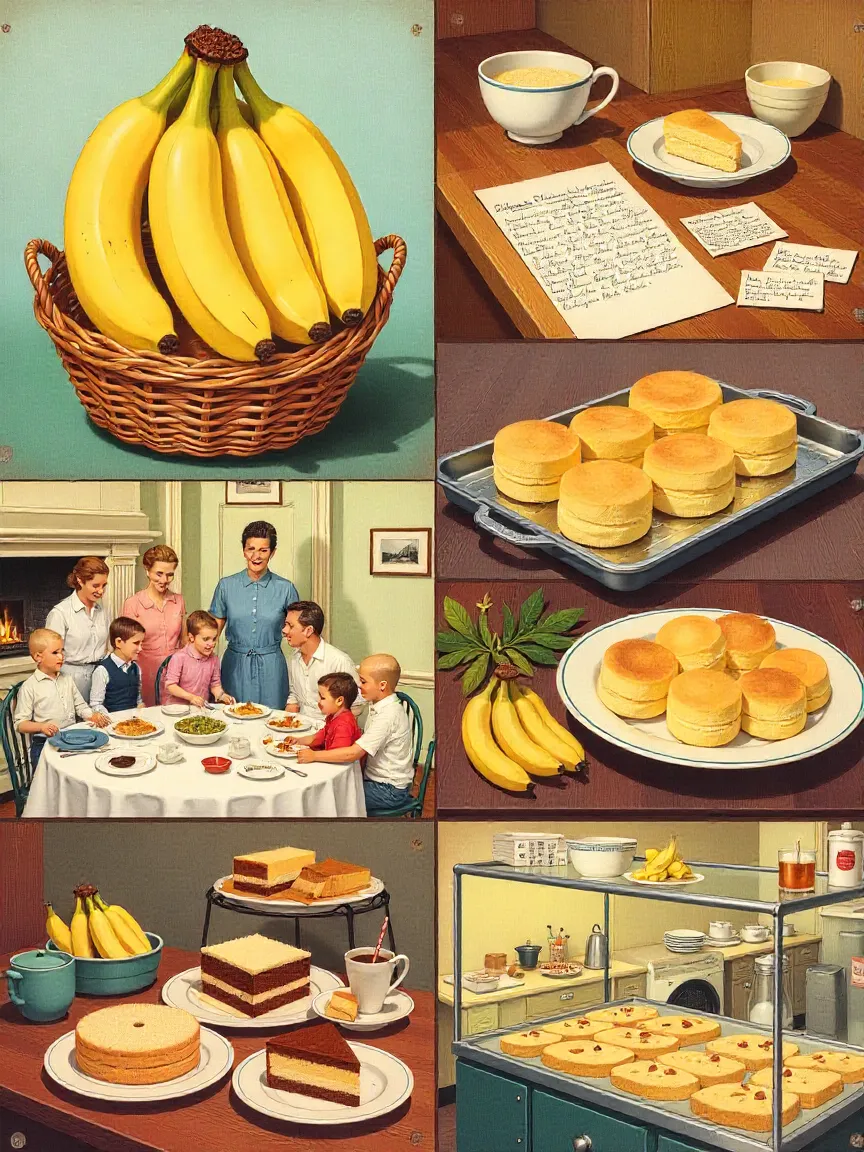 Collage showing banana pudding history, Southern kitchens, family gatherings, and diners with desserts.