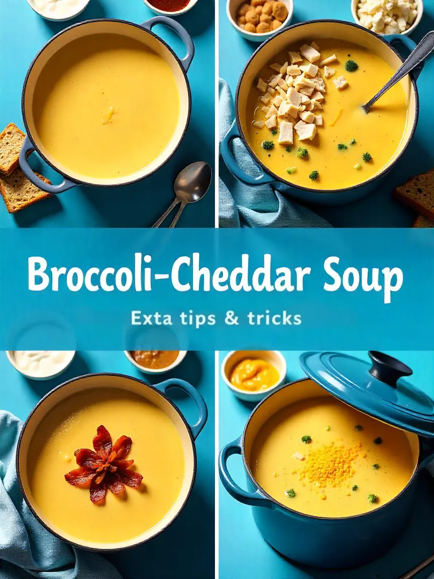 Collage of broccoli cheddar soup with milk, chicken, bacon, Worcestershire sauce, and Dijon mustard, showing tips to customize and enhance flavor.