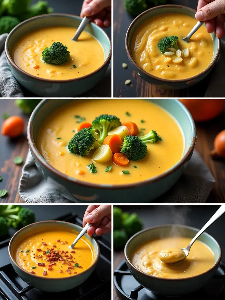 Steaming bowl of broccoli cheddar soup with vibrant vegetables, melted cheese, and optional toppings, showing cozy home cooking and comfort food.