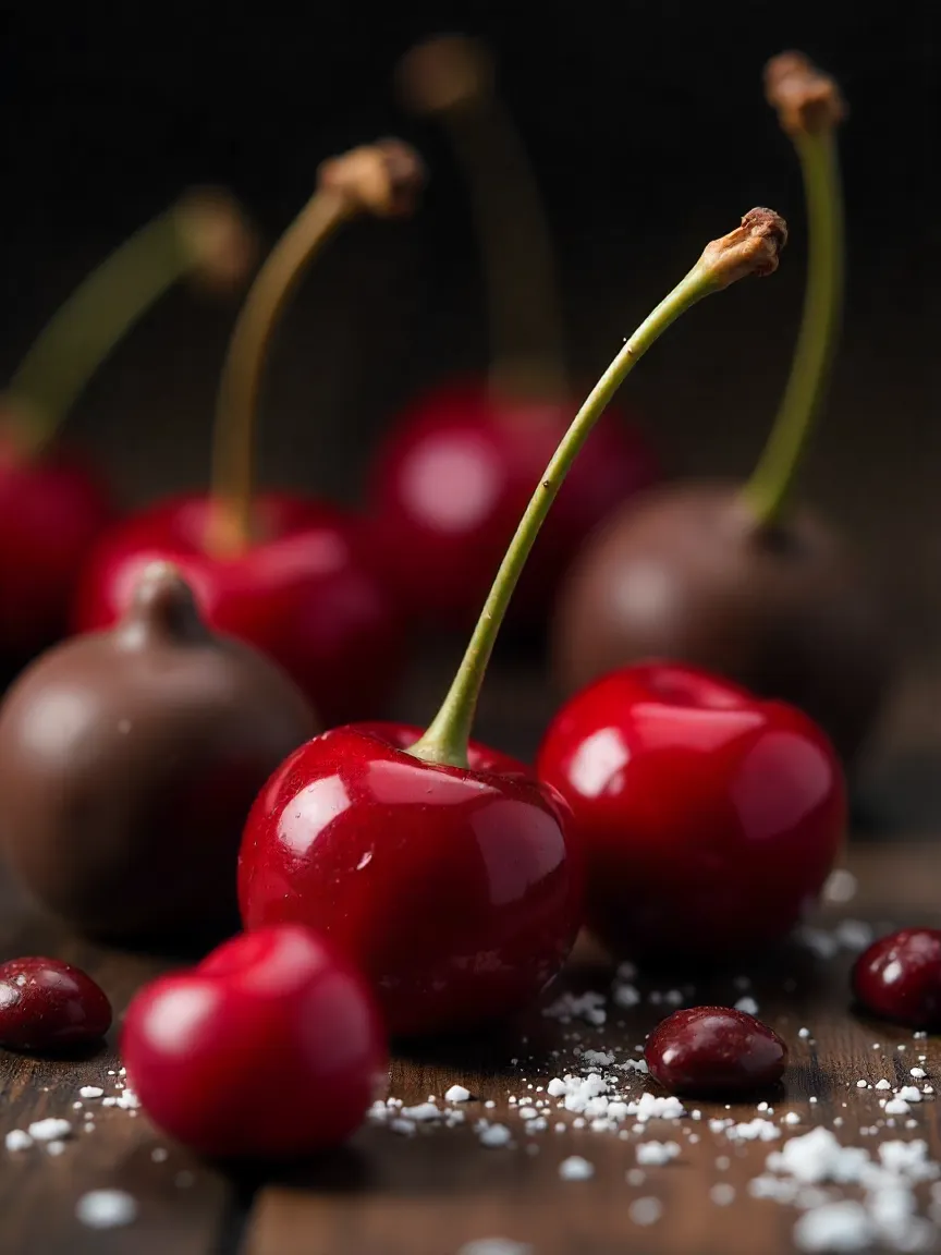 Chocolate-covered cherries, combining rich chocolate and juicy red cherries, evoking sweetness and nostalgia.