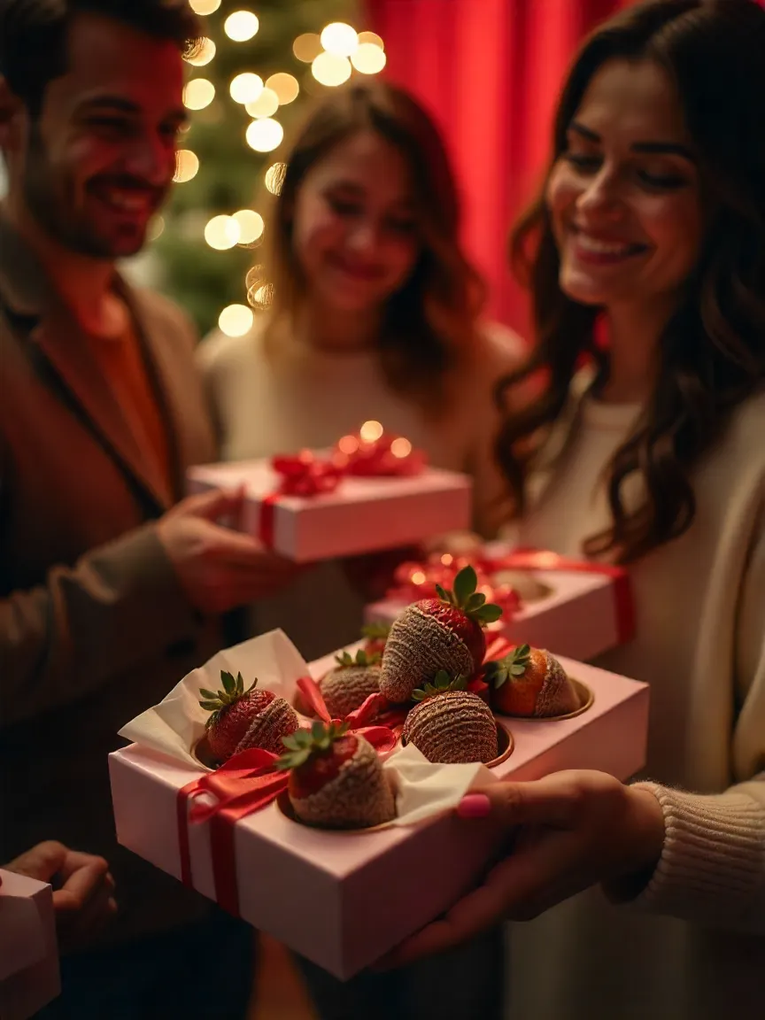 People enjoying chocolate-covered strawberries together, sharing smiles and laughter.