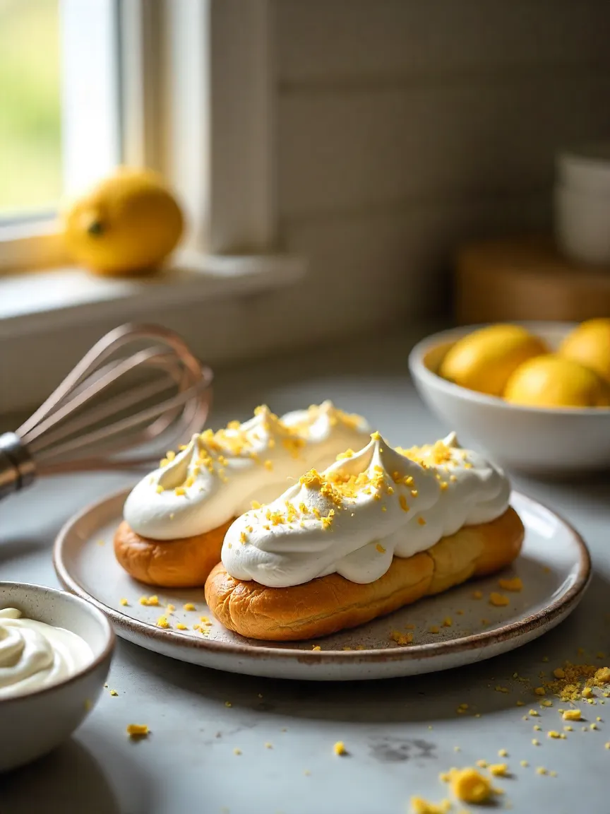 Fresh lemon meringue éclairs on a plate with a bowl of lemon cream and whipped meringue in a warm, sunlit kitchen setting.