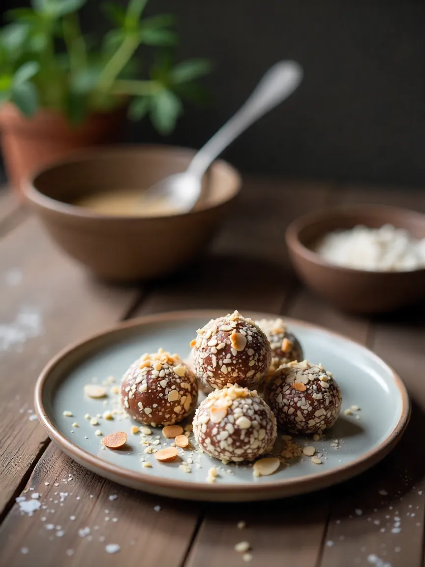 Plate of coconut-almond truffles next to a cup of tea on a rainy afternoon, creating a cozy and indulgent homemade vibe.