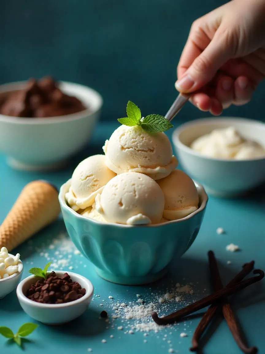 Hands serving homemade ice cream with toppings, surrounded by ingredients — emphasizing creativity, care, and joy.