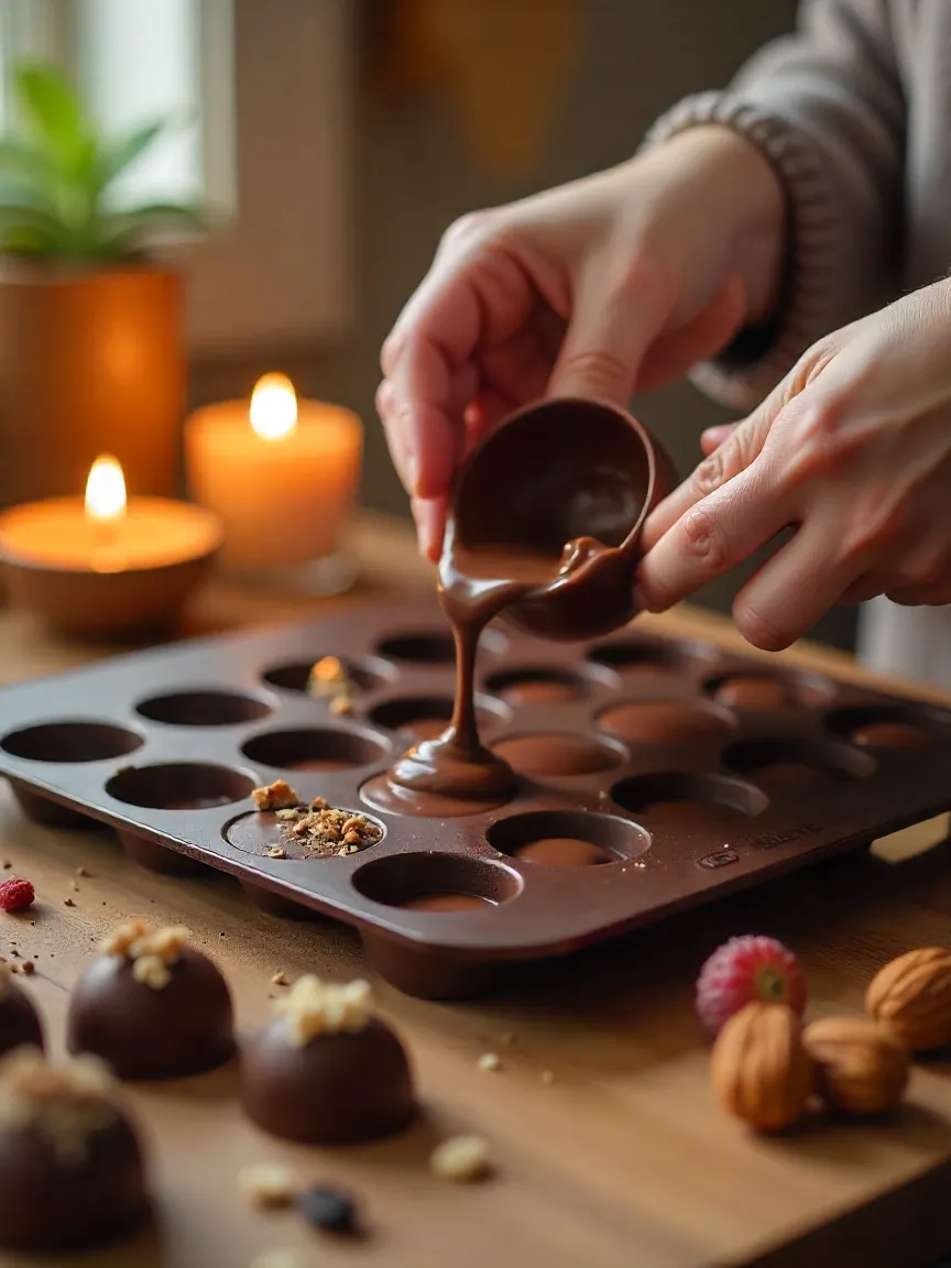 Hands making and decorating homemade chocolate in a warm, cozy kitchen, highlighting creativity and personal touch.