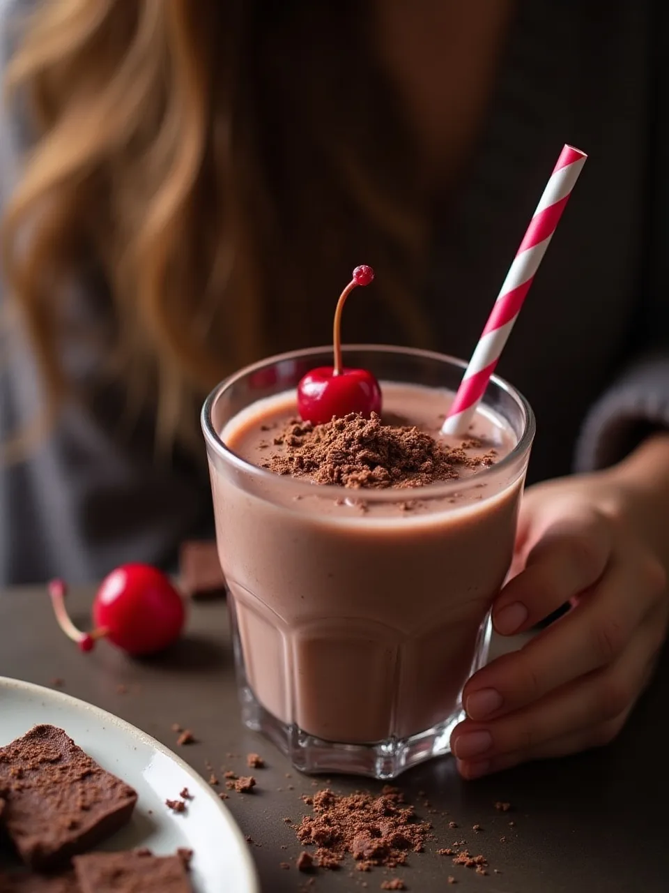 Person enjoying a chocolate-cherry smoothie topped with chocolate shavings and a cherry.