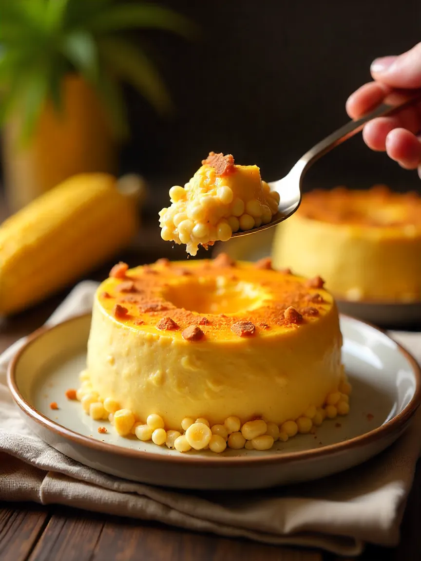 Spoon lifting a bite of creamy corn tiramisu from a dish, with warm tones and cozy table setting in the background.