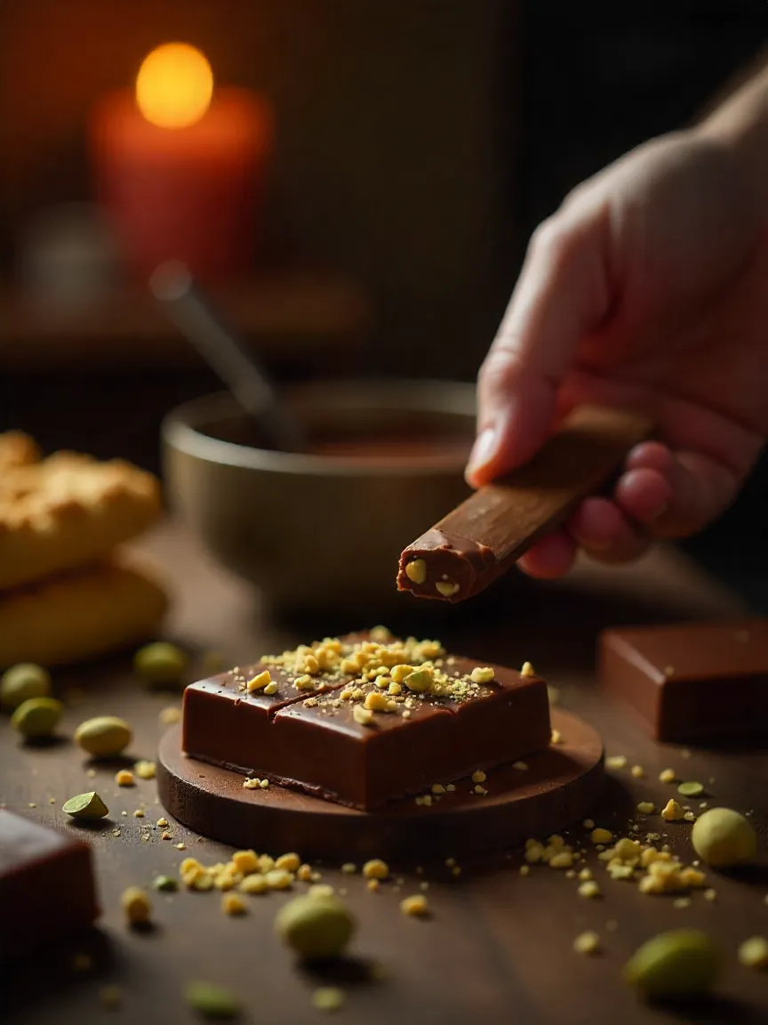 Hands mixing tahini into melted chocolate, toasted pastry baking, and finished pistachio chocolate bars ready to serve in a cozy kitchen setting.