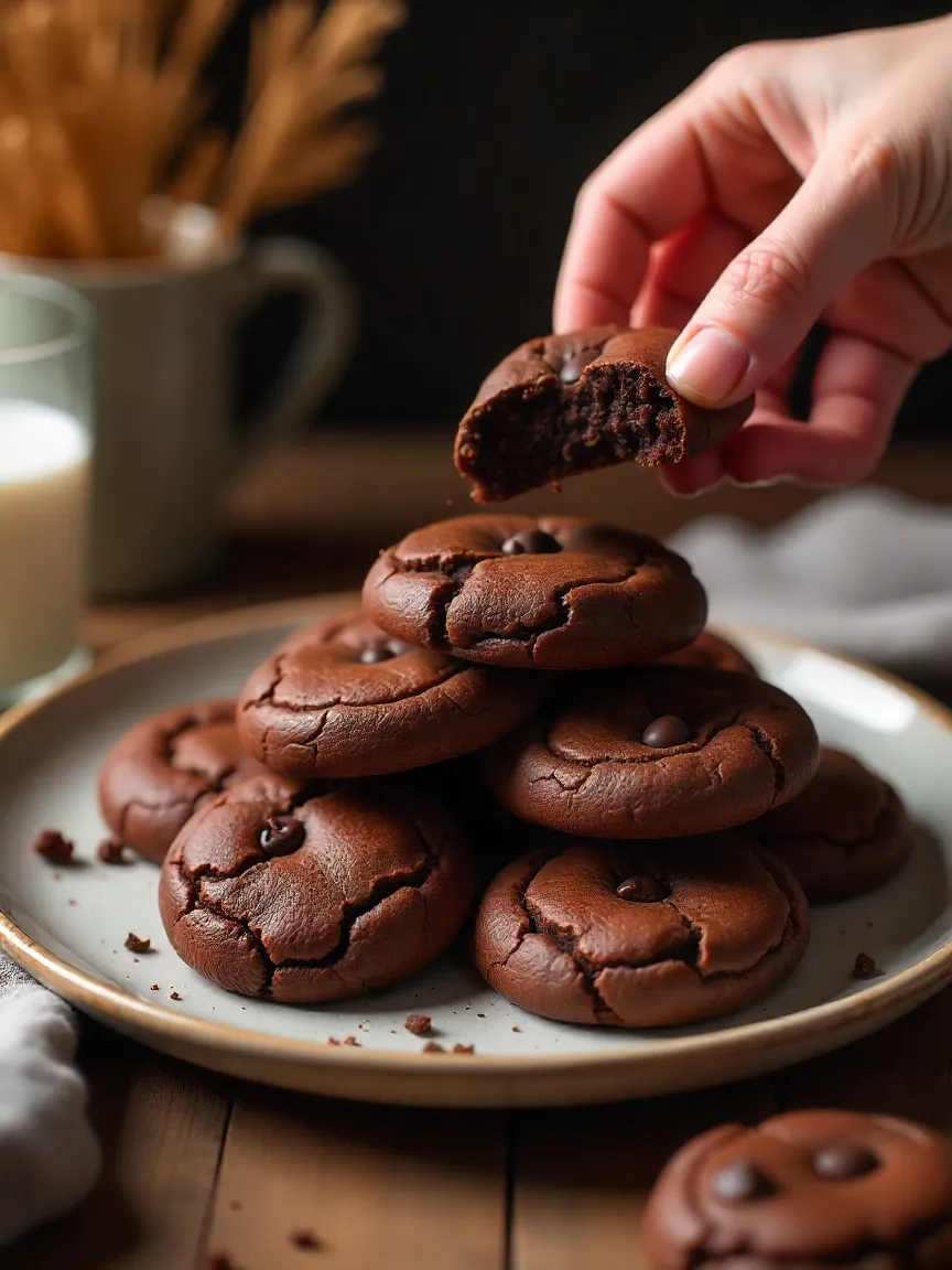 Warm brownie cookies with gooey centers and crisp edges on a plate, with a hand reaching to grab one.