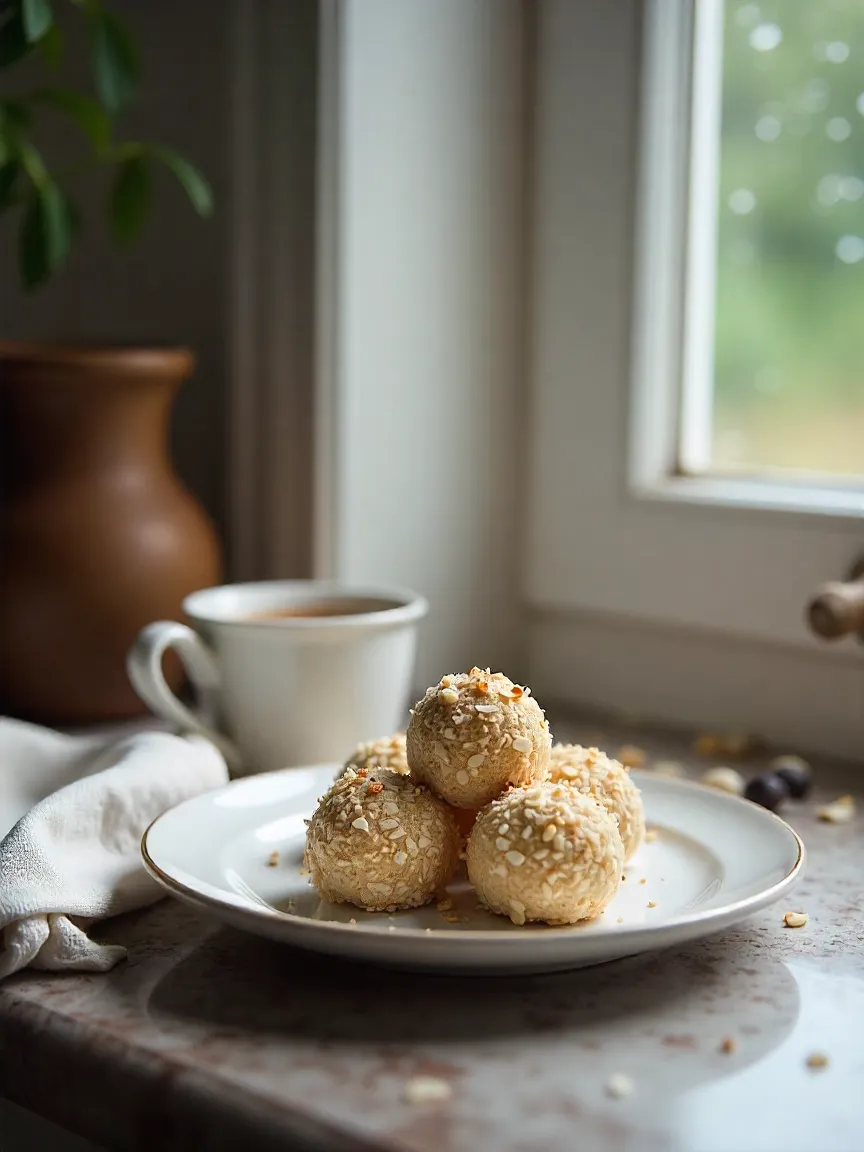 Homemade coconut-almond truffles like Raffaello balls on a plate with a cup of tea, cozy rainy afternoon atmosphere.