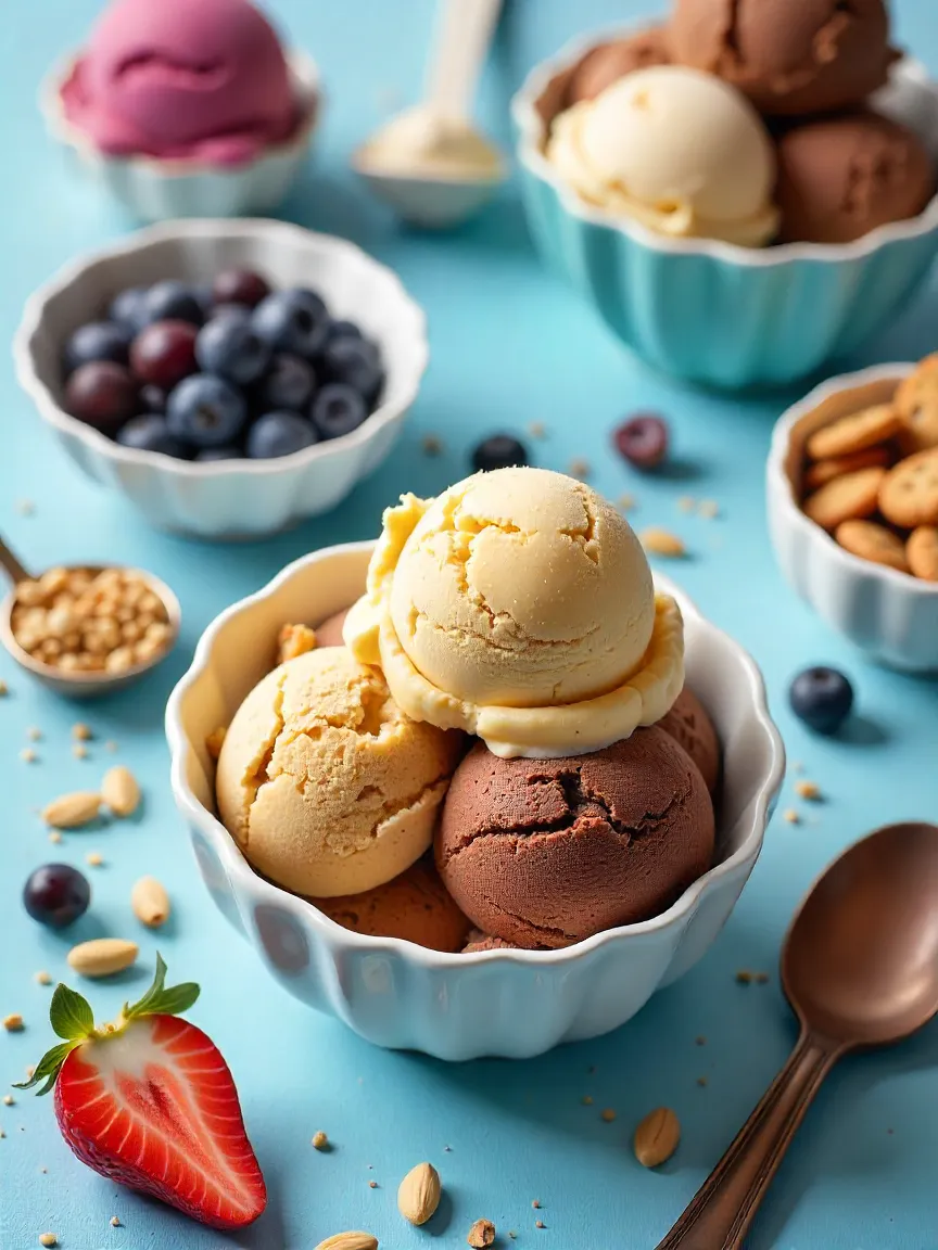 Collage of various homemade ice cream flavors with toppings and ingredients.
