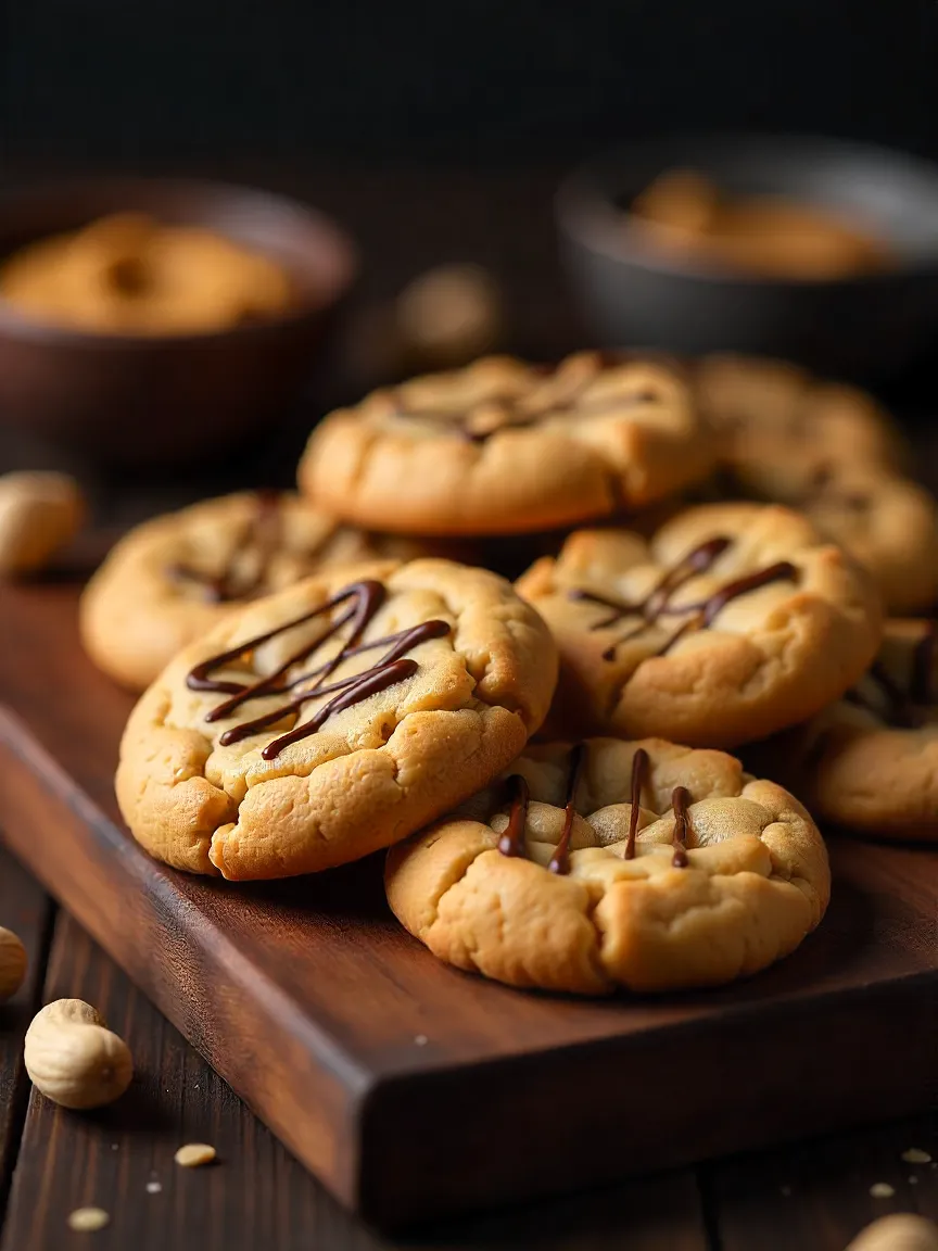 Flourless peanut butter cookies on a tray, with chocolate drizzle and scattered peanuts.